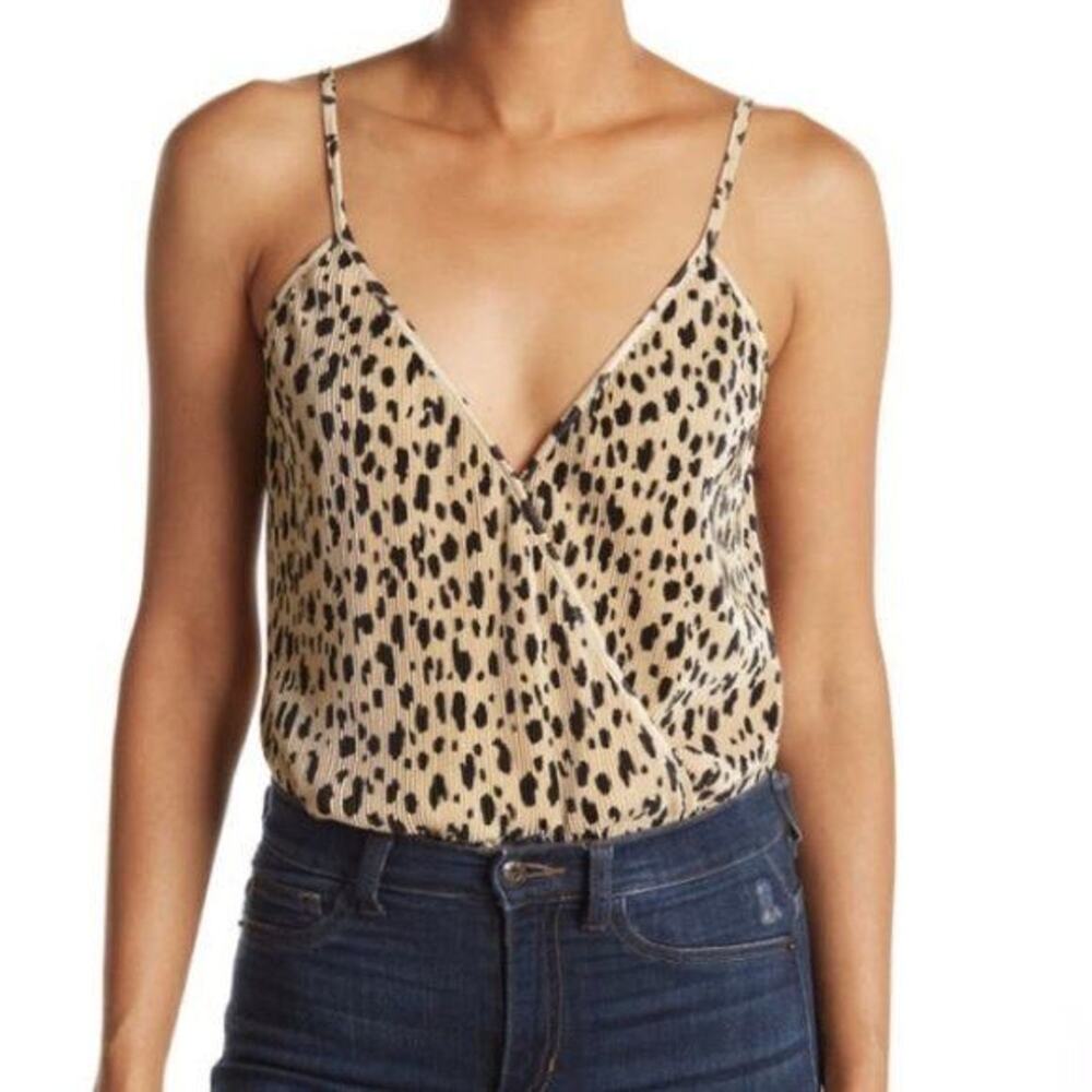 WAYF Cream & Black Cheetah Print Surplice Ribbed Camisole Bodysuit NEW Large